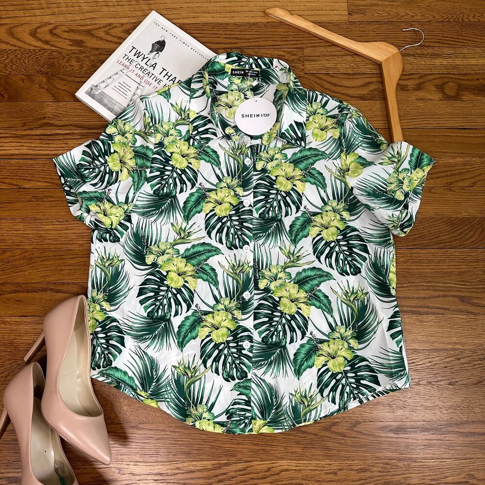 SHEIN Green Leaf Print Oversized Button Down Short Sleeve Top